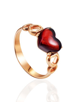 Позолоченное кольцо Купидон с тёмно-коньячным янтарём
