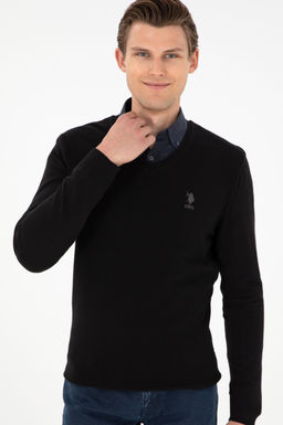 Erkek Slim Fit V Yaka Siyah Basic Kazak