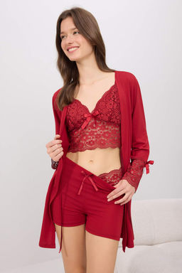 K?rm?z? 4lu Paket Dantel ve Kurdele Detayl? Viskon Suprem Orme Pijama Tak?m? THMSS26PT00240