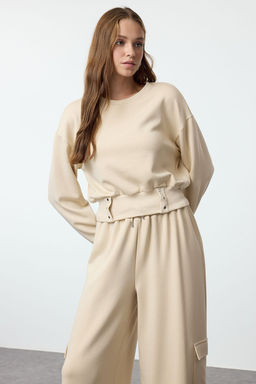 Trendyolmilla Siyah C?tc?tl? Relaxed/Rahat Kal?p Crop Kal?n Orme Sweatshirt TWOAW25SW00160