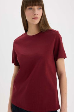 Regular Fit Bisiklet Yaka Basic Duz l Premium K?sa Kollu Bordo Tisort