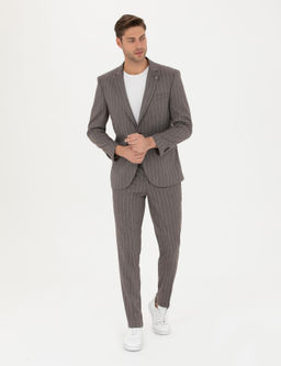 A__k Kahverengi Ex. Slim Fit _izgili Tak_m Elbise