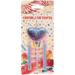 Цена за 2 шт. Свечи для торта Цифра Воздушное сердце "6" (свечи 8 см, сердце 5*13 см)