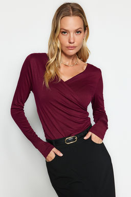 TRENDYOLMILLA Bordo Fitted/Vucuda Oturan Viskoz Buzgulu V Yaka Esnek C?tc?tl? Orme Body TWOAW24BD00045 фото 3