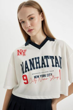 Coool Oversize Genis Kal?p Bask?l? K?sa Kollu Tisort