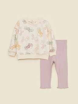 Bisiklet Yaka Uzun Kollu Minnie Mouse Bask?l? K?z Bebek Sweatshirt ve Tayt 2li Tak?m