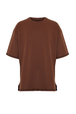 Kahverengi Oversize Dikis Detayl? %100 Pamuklu T-Shirt TMNSS24TS00094