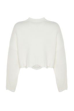 Ekru Crop Genis Kal?p Yumusak Dokulu Ak?tma Detayl? Triko Kazak TWOAW24KZ00319