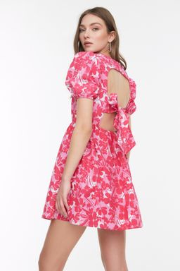 Cok Renkli Cicekli Skater/Belden Ac?lan S?rt Detayl? Mini Dokuma Elbise TWOSS22EL2858