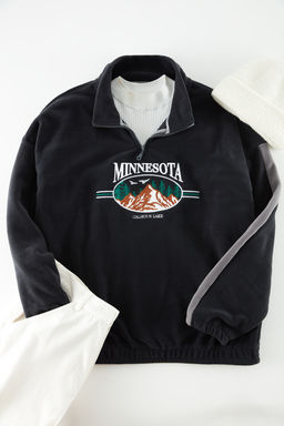 Antrasit Unisex Oversize/Genis Kesim Dik Yaka Anti-pilling Polar Sweatshirt TMNAW24SW00034