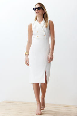 Ekru Vucuda Oturan Dugme Detayl? Y?rtmacl? Midi Kalem Etek Dokuma Elbise TWOSS23EL02256