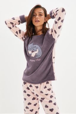 Trendyolmilla Bordo Kalpli Kedi Nak?sl? Uyku Bantl? Polar K?sl?k Orme Pijama Tak?m? THMAW21PT0669  фото 7