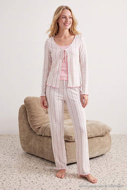 Beyaz-Pembe 3l_ %100 Pamuklu Fitilli/Pointel _i_ekli _rme Pijama Tak_m_ THMAW27PT00019 - Trendyolmilla фото 2