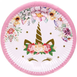 Цена за 6 шт. Тарелка бумажная 18 см в наборе 10 шт "Единорожка в цветах" розовая