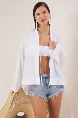 Trendyolmilla Ekru Dokuma 100% Pamuk Plaj Gomlek TBESS25GO00026