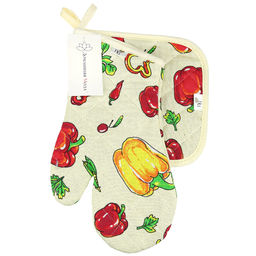 Кухонный комплект Перцы: прихватка-варежка 15х30см + прихватка 20х20см, рогожка 171г/м2, хлопок 100%, наполнитель - ватин 280г/м2, на пластмассовом подвесе, Домашняя мода (Россия)