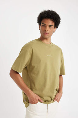 Boxy Fit Bisiklet Yaka S?rt Bask?l? Pamuklu K?sa Kollu Tisort - Defacto фото 4