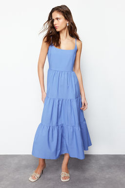 TRENDYOLMILLA K?rm?z? Etegi Belden Ac?lan Pamuk Kar?s?ml? Maxi Dokuma Elbise TWOSS24EL00386
