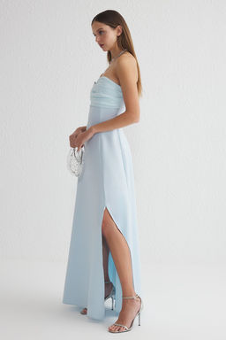 TRENDYOLMILLA Ac?k Mavi A-Kesim Straplez Dokuma Uzun S?k Abiye Elbise TPRSS25AE00045  фото 2