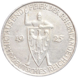 Монета 5 рейхсмарок 1925 года D Германия Тысячелетие Рейнской области (Рейнланда)