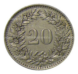 Монета 20 раппенов 1943 года Швейцария