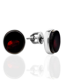 Серьги-гвоздики овальной формы из вишнёвого янтаря Бенефис