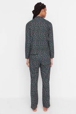Yesil %100 Pamuklu Leopar Desenli Gomlek Pantolon Orme Pijama Tak?m? THMAW23PT00150