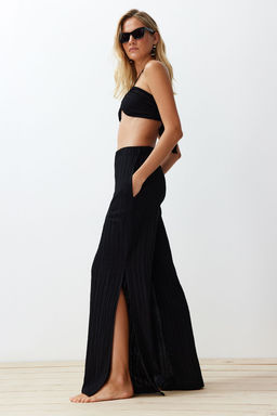 Siyah Dokuma Keten Kar?s?ml? Bluz Pantolon Plaj Tak?m TBESS24AU00030