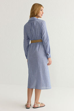 Mavi Kemerli Cizgili Midi Dokuma Gomlek Elbise TWOSS25EL00063