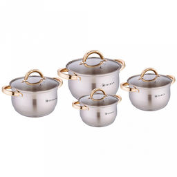 Zeidan Набор кастрюль из нержавеющей стали 4 штуки: 4,0л д20см, 5,1л д22см, 6,6л д24см, 8,2л д26см, стеклянные крышки, 5-и степовое капсулированное индукционное дно, ручки на корпусе и крышке под золото, комбинированная полировка снаружи, матовая