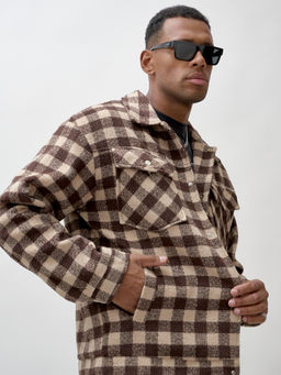 Куртка рубашка шерстяная в клетку мужская демисезонная коричневого цвета 58566K