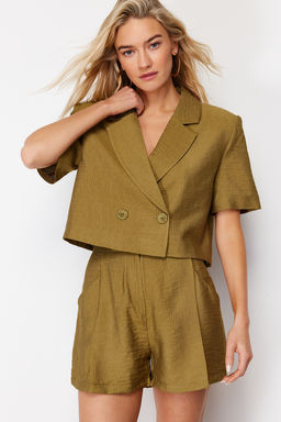 Haki Dokuma K?sa Kollu Keten Gorunumlu Blazer Ceket TWOSS24BC00023 - Trendyolmilla фото 3