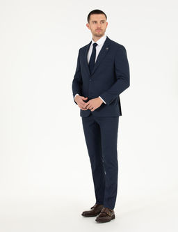 Ekose Lacivert Slim Fit Tak_m Elbise