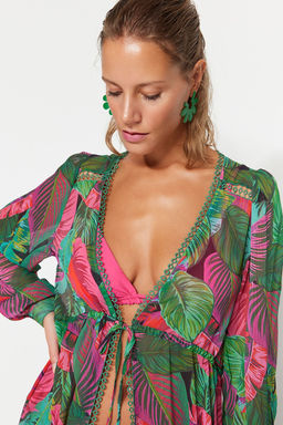 Tropikal Desenli Maxi Dokuma Serit Aksesuarl? Sifon Plaj Kimono&Kaftan TBESS23KM00002 - Trendyolmilla фото 4