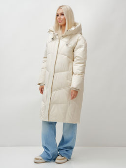 Пальто летучая мышь женское с капюшоном зимнее бежевого цвета 9616B - Mtforce фото 11