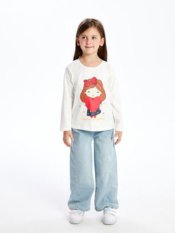 Bisiklet Yaka Uzun Kollu Bask?l? K?z ?ocuk Ti??rt