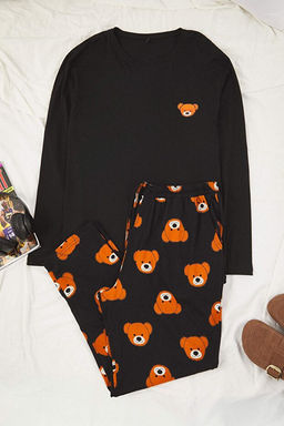 Siyah Regular Kesim Ay_c_k Bask_l_ B_y_k Beden _rme Pijama Tak_m_ TMNAW26AI00001
