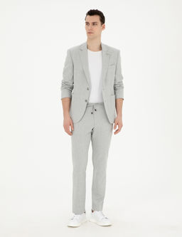 Gri Slim Fit Keten Kar___ml_ _izgili Tak_m Elbise