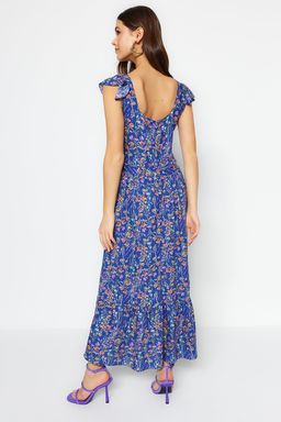 Mavi Cicek Desenli Kare Yaka A Kesim Viskon Midi Dokuma Elbise TWOSS20EL3331