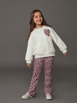 Bisiklet Yaka ?i?ekli K?z ?ocuk Sweatshirt ve Tayt Pantolon 2li