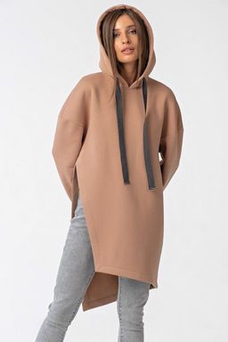 Туника трикотажная теплая с капюшоном из футера бежевая