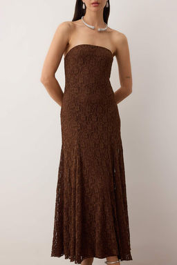 Kahverengi Duz Dantel Straplez Midi Astarl? Elbise TPRAW26EL00096