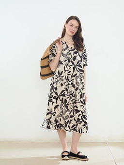 Ka??k Yaka ?i?ekli Keten Kar???ml? Elbise