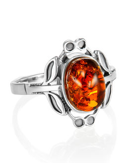 Ажурное кольцо из цельного искрящегося янтаря коньячного цвета Кармен