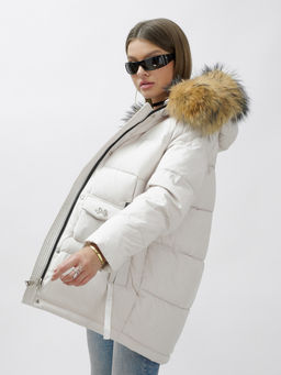 Куртка зимняя Visdeer 3215SB женская светло-бежевая с мехом енота утеплитель 220 г/м²  фото 15