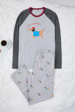 Cok Renkli Pamuklu Regular Kesim Kopek Bask?l? Reglan Kol Uzun Orme Pijama Tak?m? TMNAW26PT00047