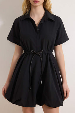 Siyah Bagc?kl? Mini Balon Etek Detayl? Dokuma Elbise TWOSS26EL00115