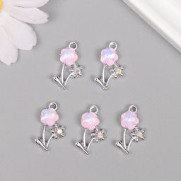 Цена за 5 шт. Декор для творчества металл, стразы Цветочки, серебро, розовый, 2.2?1.3?0.5 см