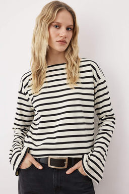 Ekru Kal?n Pamuklu Cizgili Regular/Normal Kal?p OrmeT-Shirt TWOAW26TS00001