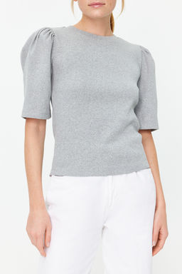 Gri Melanj Balon Kollu Bisiklet Yaka Fitilli Esnek Orme Bluz TWOSS24BZ00160